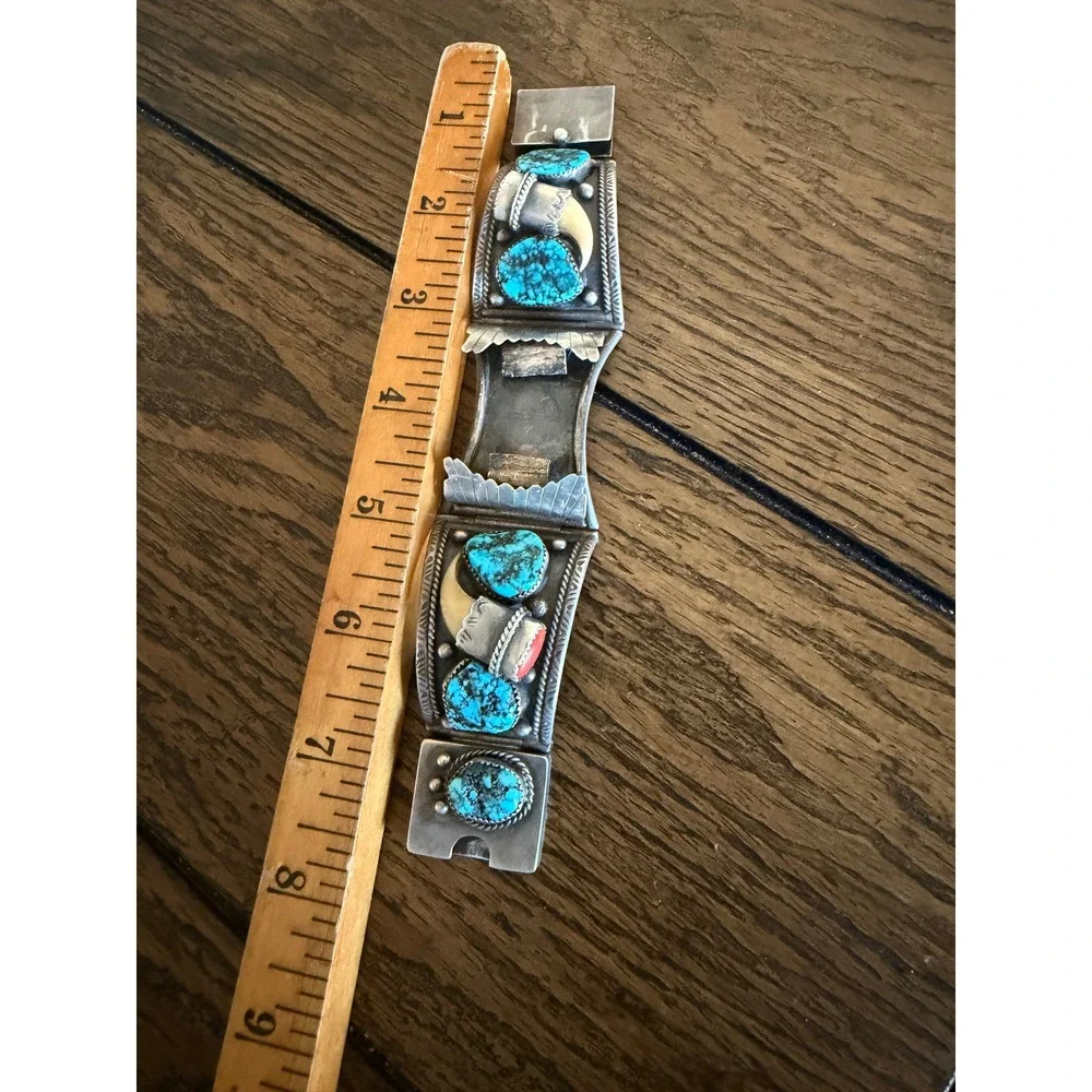 Vintage Navajo Sterling Silver Turquoise CoralClaw Watch Cuff Bracelet signed